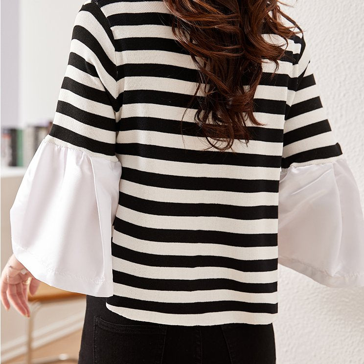 Women Shift Bell Sleeve Patchwork Casual Shirts & Tops