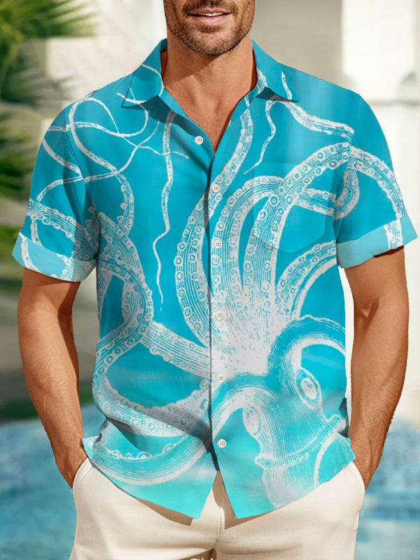 Squid Ombre Print Beach Men's Hawaiian Oversized Pocket Shirt
