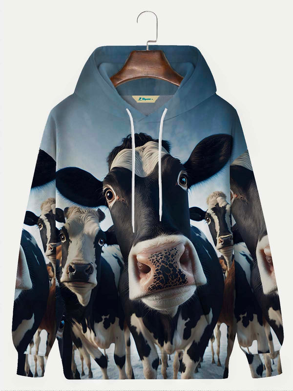 Holiday Casual Cow Blue Men's Drawstring Hoodies Stretch Oversized Fun Art Pullover Sweatshirts