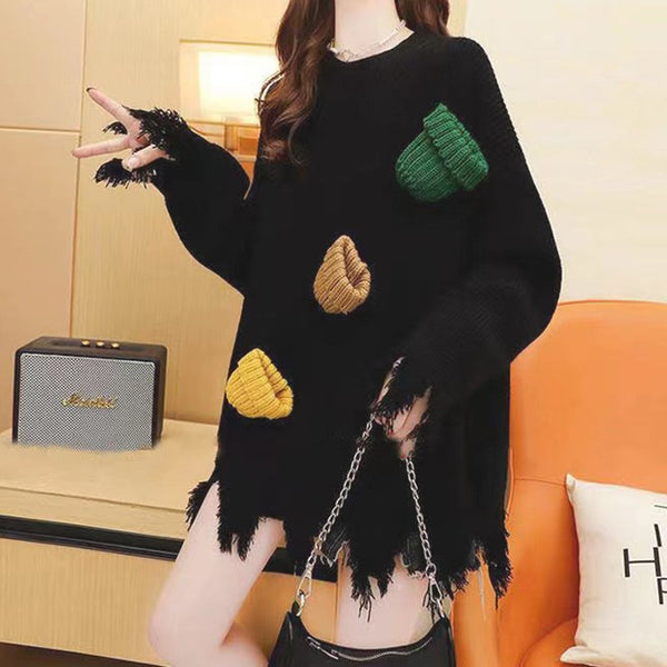 Sweet Fringed Long Sleeve Knitted Sweater