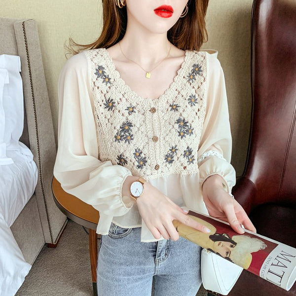 Embroidered Floral Vintage Long Sleeve Shirts & Tops