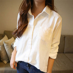 White Pockets Plain Cotton Linen Casual Shirts & Tops