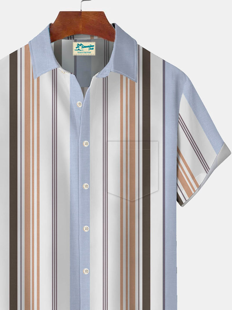 Vintage Stripe Bowling Print Men's Button Pocket Shirt