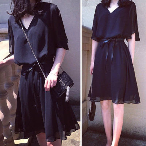 Black Plain Short Sleeve Dresses