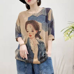 Vintage Printed Hollowed Round Neck Pullover