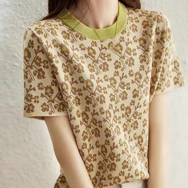 Flower Knitted Floral Cocoon Short Sleeve Shirts & Tops