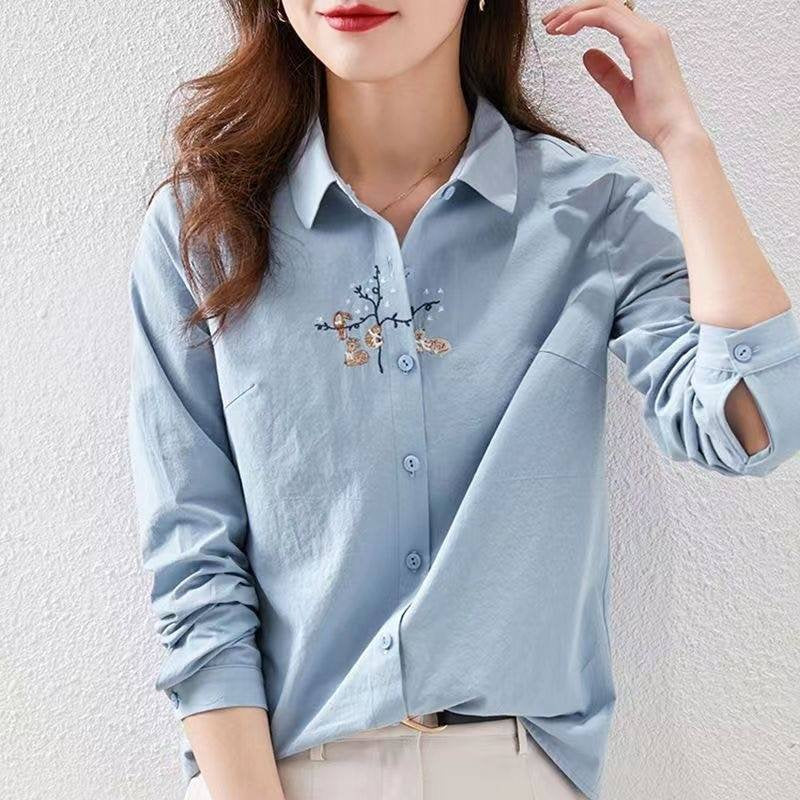 Floral Casual Long Sleeve Cotton-Blend Shirts & Tops