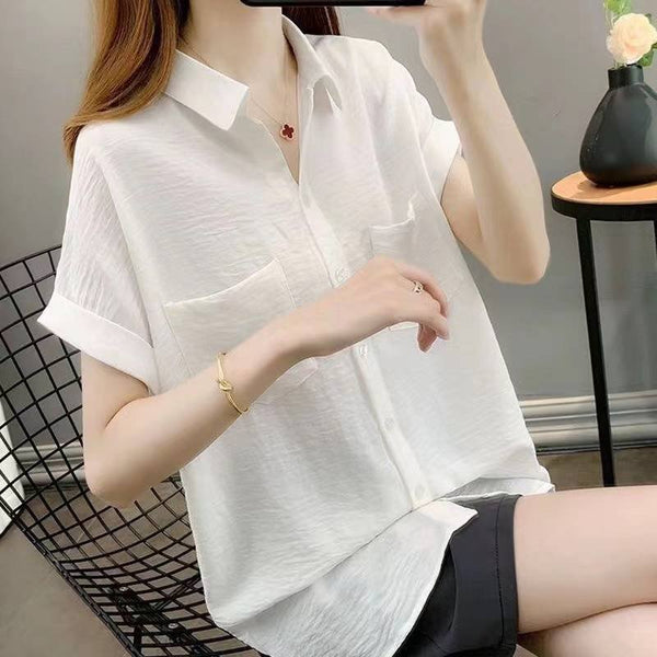 Cotton-Blend Short Sleeve Plain Shift Shirts & Tops