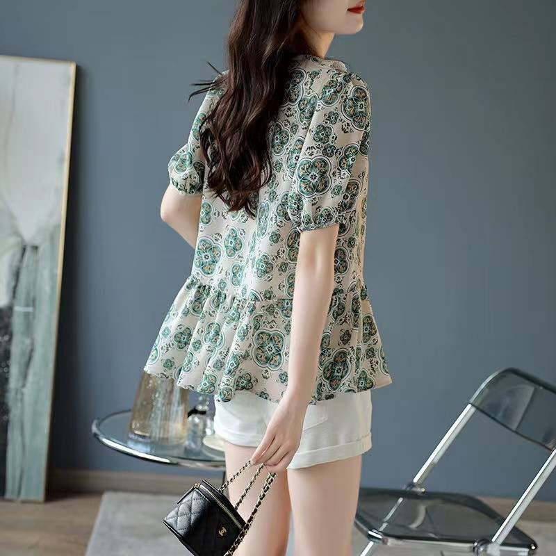 Silk-Chiffon Short Sleeve Floral Shirts & Tops
