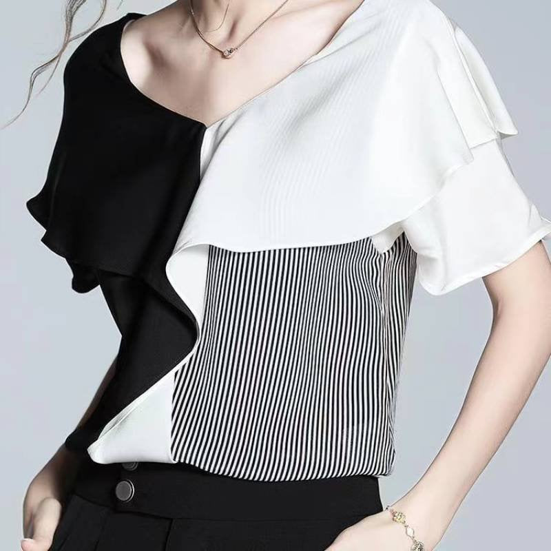 White-Black Patchwork Ruffled Shirts & Tops
