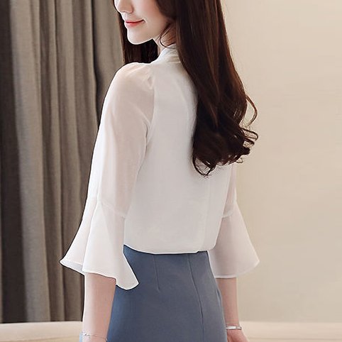Women Shift Solid Simple Bell Sleeve Shirts & Tops