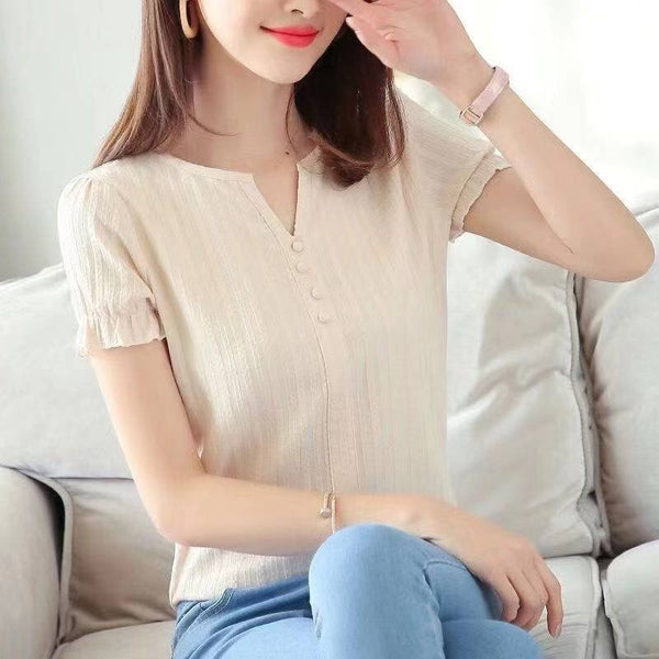 Cotton-Blend Short Sleeve Casual Shirts & Tops