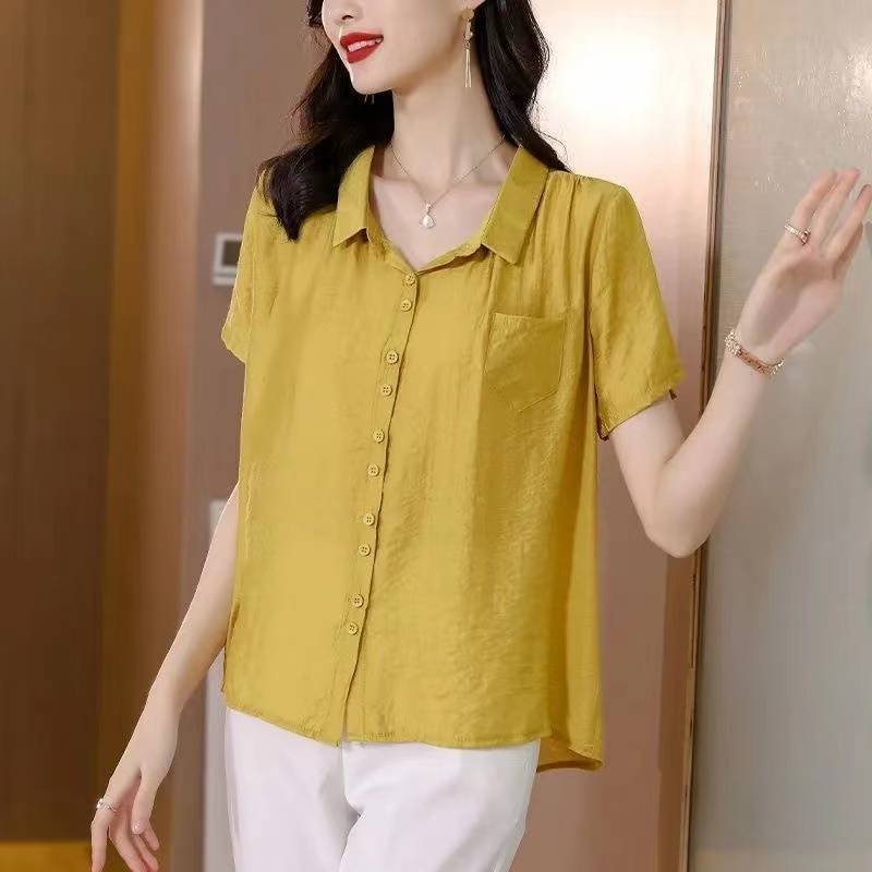 Cotton-Blend Short Sleeve Plain Casual Shirts & Tops