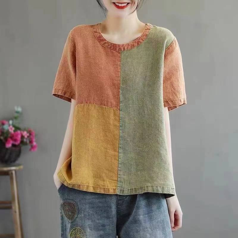 Short Sleeve Patchwork Casual Cotton-Blend Shirts & Tops