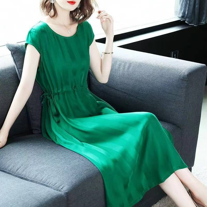 Green Short Sleeve Plain Dresses