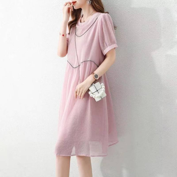 Pink Short Sleeve Plain A-Line Dresses