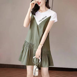 Army Green Patchwork Short Sleeve A-Line Dresses