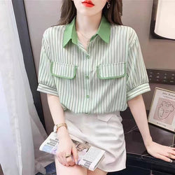 Green Striped Short Sleeve Shirts & Tops