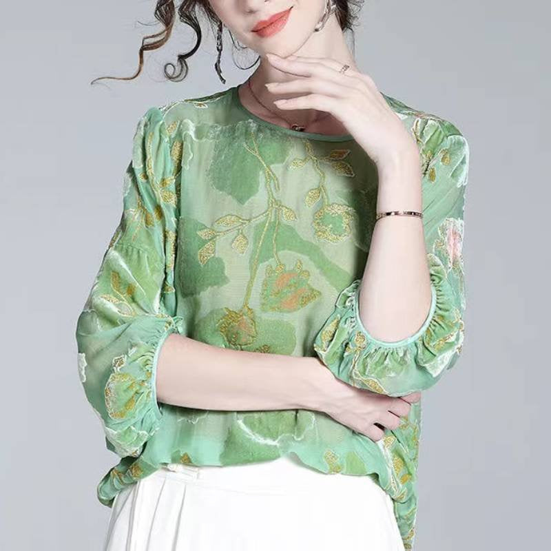 Lightgreen 3/4 Sleeve Floral Shift Shirts & Tops