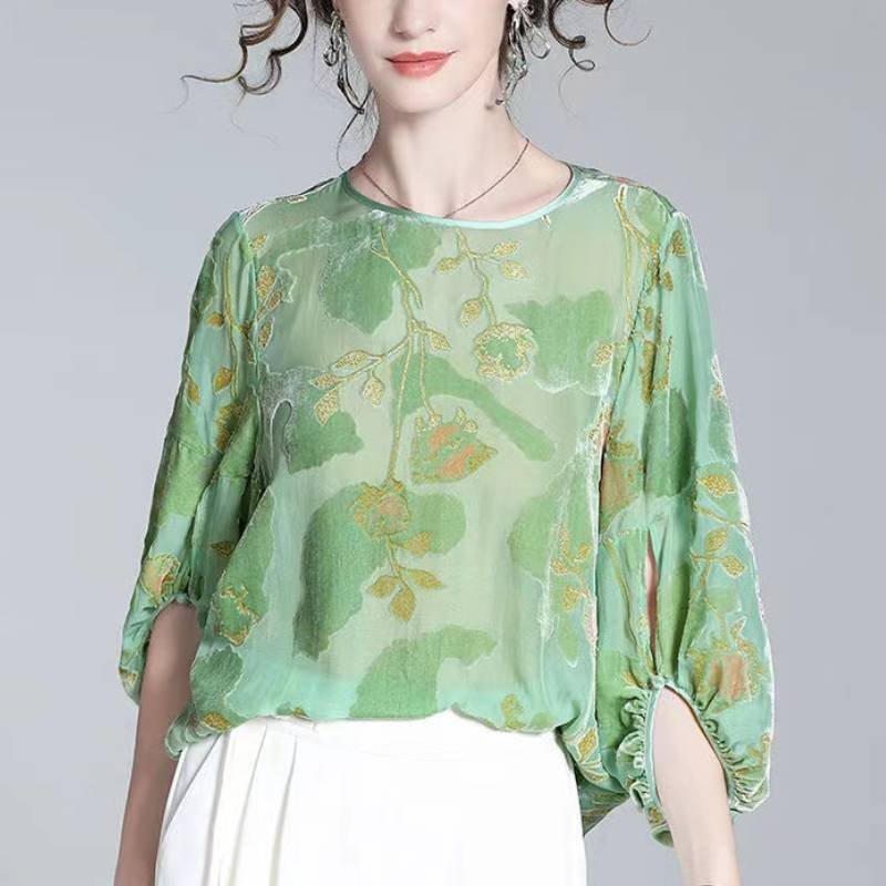 Lightgreen 3/4 Sleeve Floral Shift Shirts & Tops