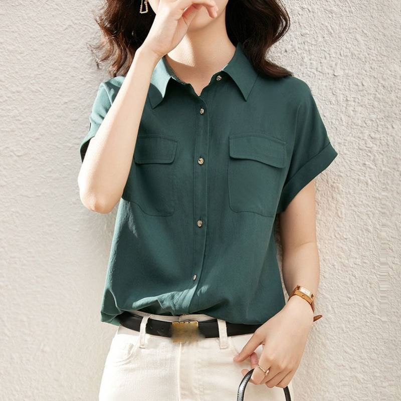 Green Short Sleeve Plain Shift Shirts & Tops