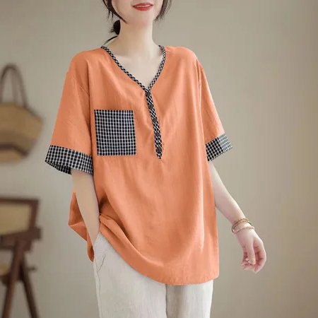 Short Sleeve Shift Cotton-Blend Shirts & Tops