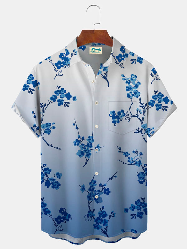 Hawaiian Gradient Floral Print Men's Button Down Pocket Shirt