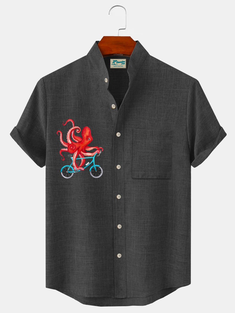 Cotton Linen Basic Octopus Stand Collar Men's Button Pocket Shirt