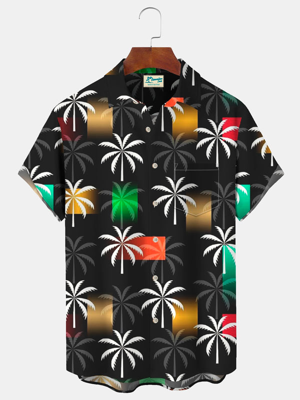 Vintage Coconut Tree Print Beach Men's Hawaiian Oversized Short Sleeve Shirt with Pockets
