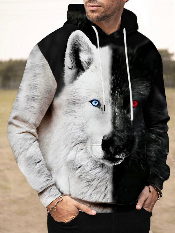 Men's Wolf Print Vintage Hooded Sweatshirt