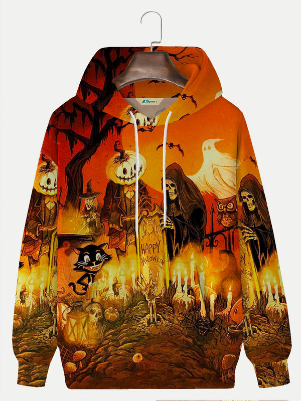 Men's Halloween skull print drawstring hooded sweatshirt