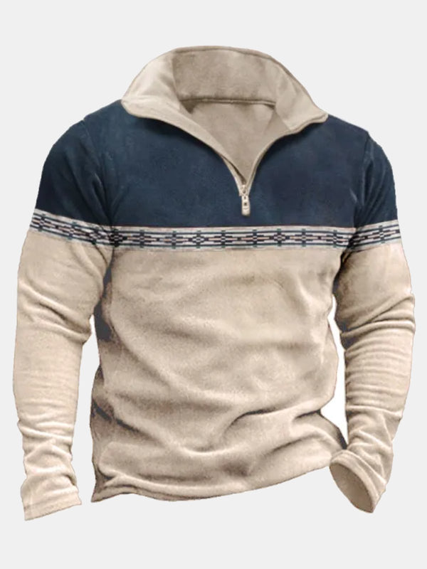 Vintage Ethnic Aztec Geometry Western Men's Half Zip Stand Collar Sweatshirt Plus Size Camping Warm Pullover Sweatshirts