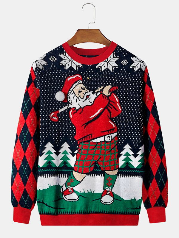 Christmas Holiday Santa Claus Men's Round Neck Sweatshirt Golf Sports Ugly Pattern Art Pullover Tops