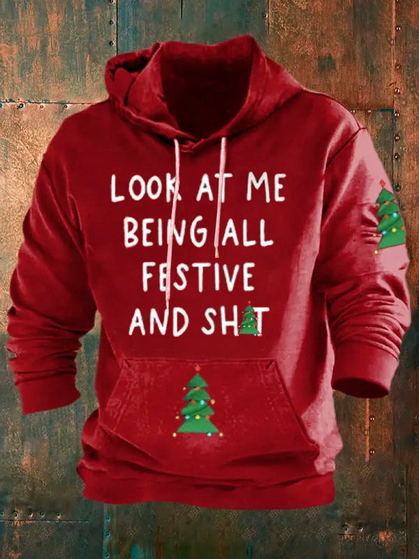Men's Christmas Tree Letter Printed Drawstring Hooded Sweatshirt