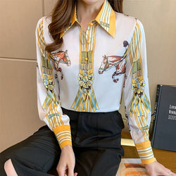 Yellow Casual Printed Long Sleeve Silk-Chiffon Shirts & Tops