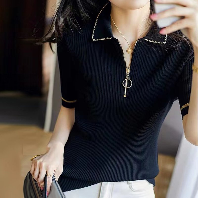 Black Knitted Casual Short Sleeve Shift Shirts & Tops