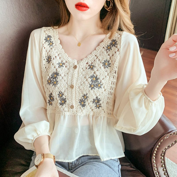 Embroidered Floral Vintage Long Sleeve Shirts & Tops