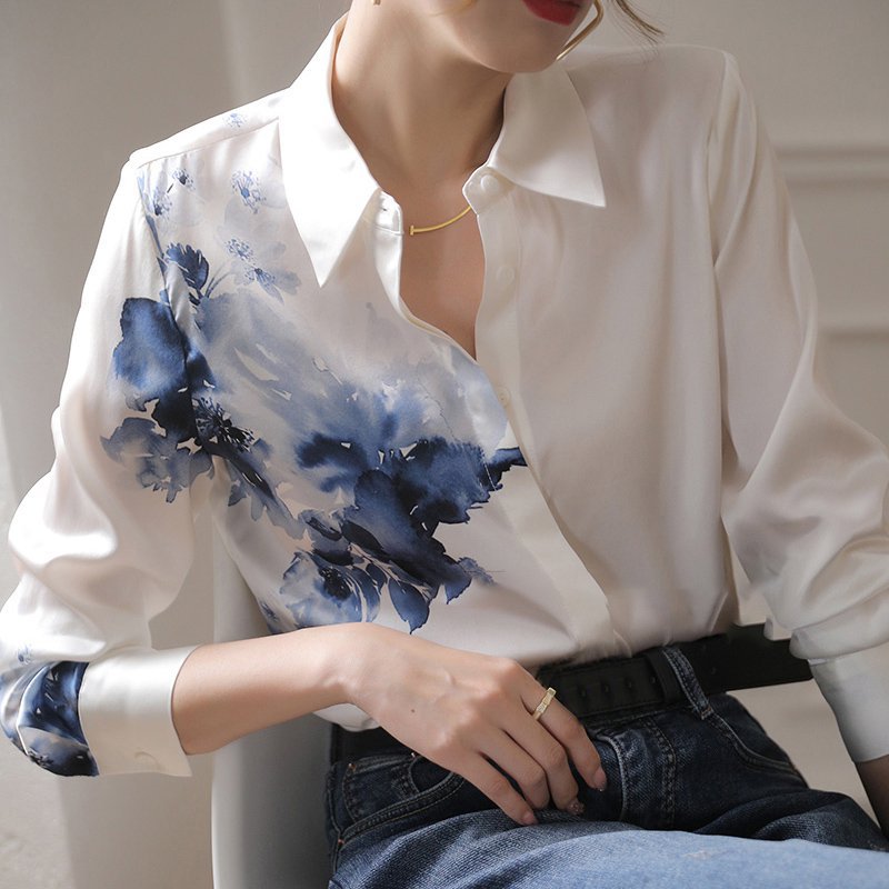 White Printed Shift Long Sleeve Floral Shirts & Tops