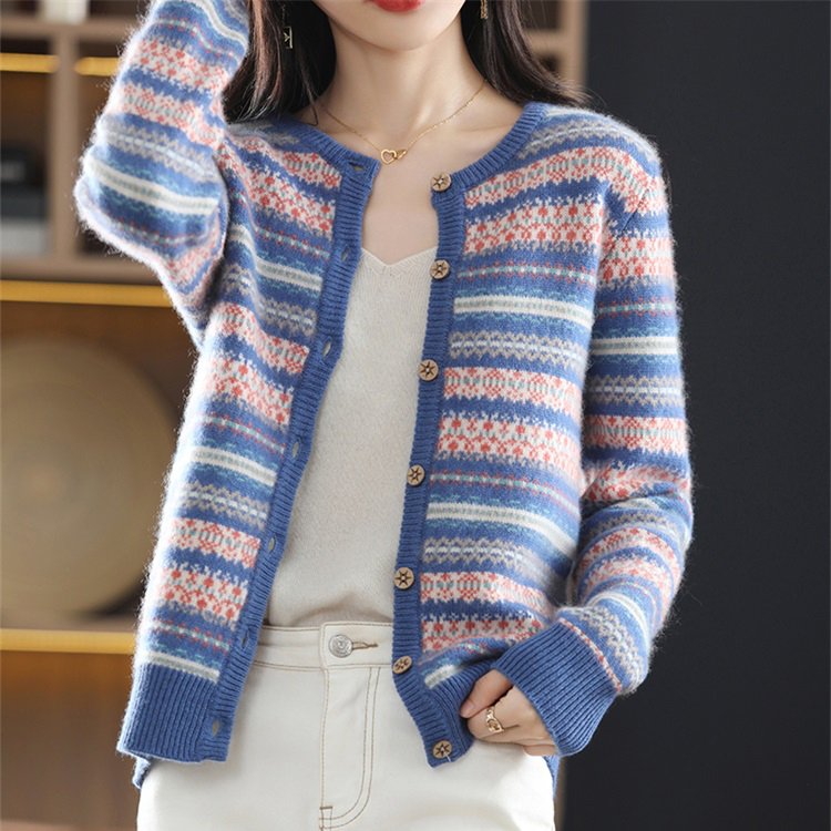 Cotton-Blend Tribal Knitted Vintage Outerwear