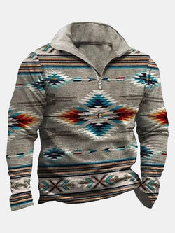 Vacation Vintage Aztec Stand-up Collar Half-zip Sweatshirts Western Ethnic Geometric Men's Warm Comfortable Pullover Tops