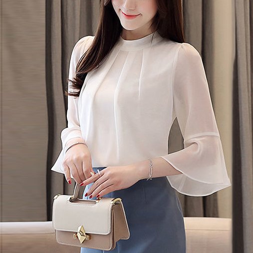Women Shift Solid Simple Bell Sleeve Shirts & Tops