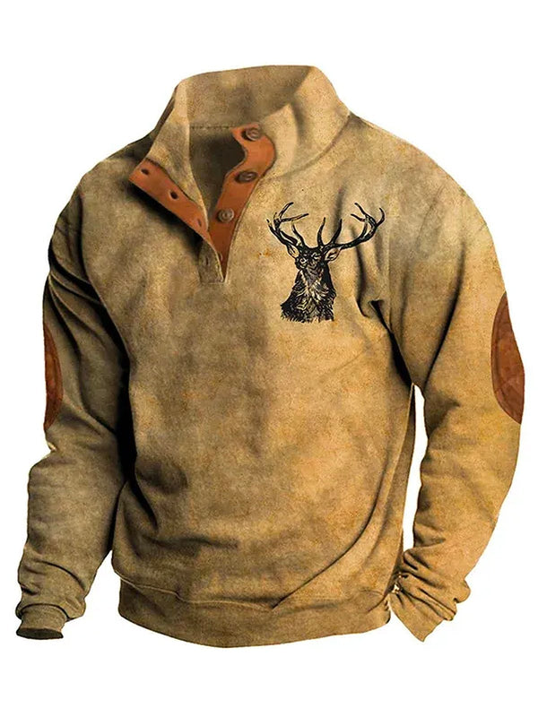 Men's Western Antelope Print Men's Button Stand Collar Sweatshirt