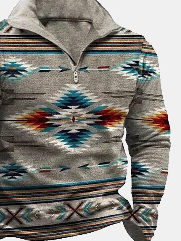 Vacation Vintage Aztec Stand-up Collar Half-zip Sweatshirts Western Ethnic Geometric Men's Warm Comfortable Pullover Tops