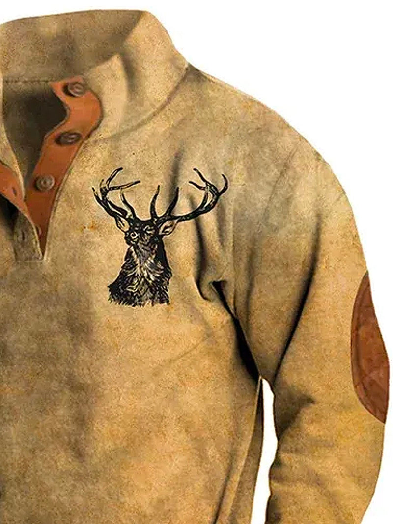Men's Western Antelope Print Men's Button Stand Collar Sweatshirt