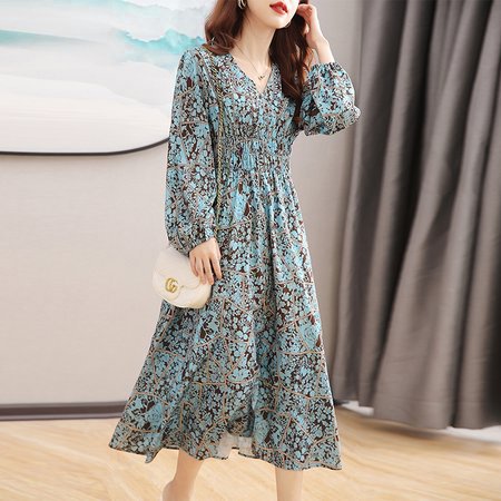 As Picture Long Sleeve Floral A-Line Printed Dresses