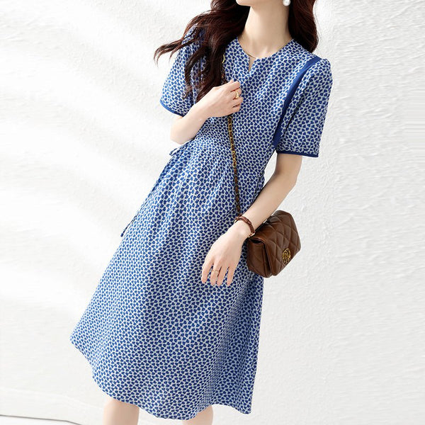 Blue Short Sleeve Printed Swing Geometric Dresses