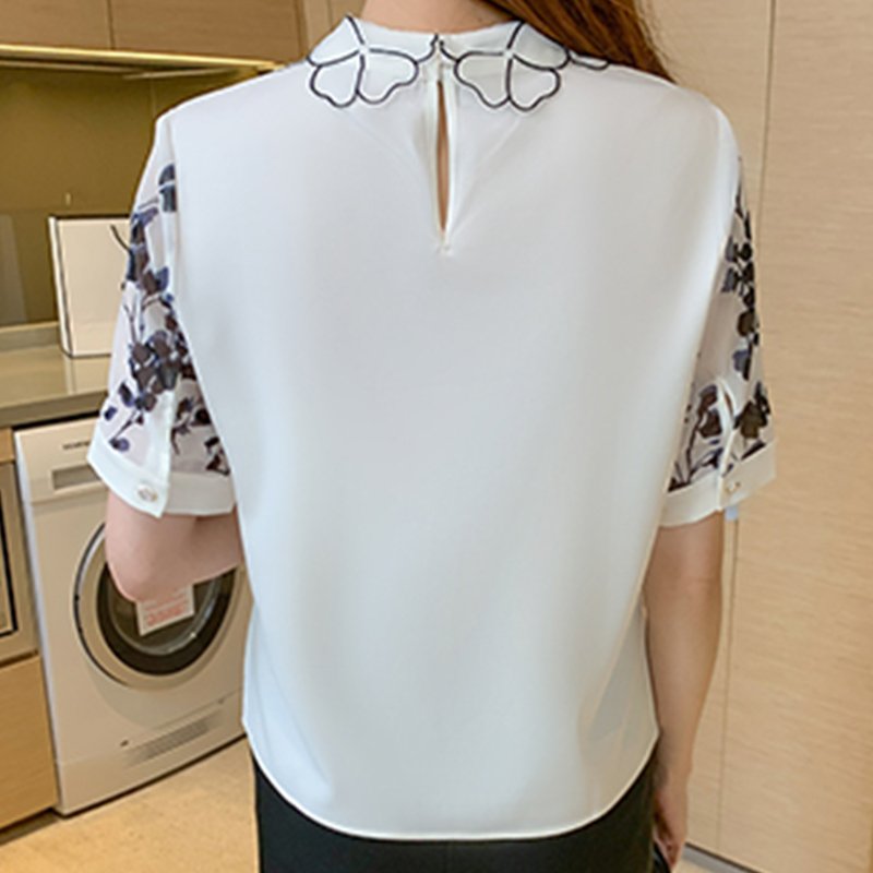 White Short Sleeve Paneled Chiffon Shirts & Tops