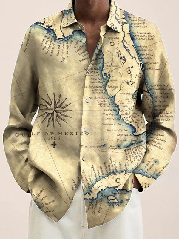50's Vintage Nautical Map Men's Long Sleeve Shirts Stretch Oversized Aloha Camp Button Shirts