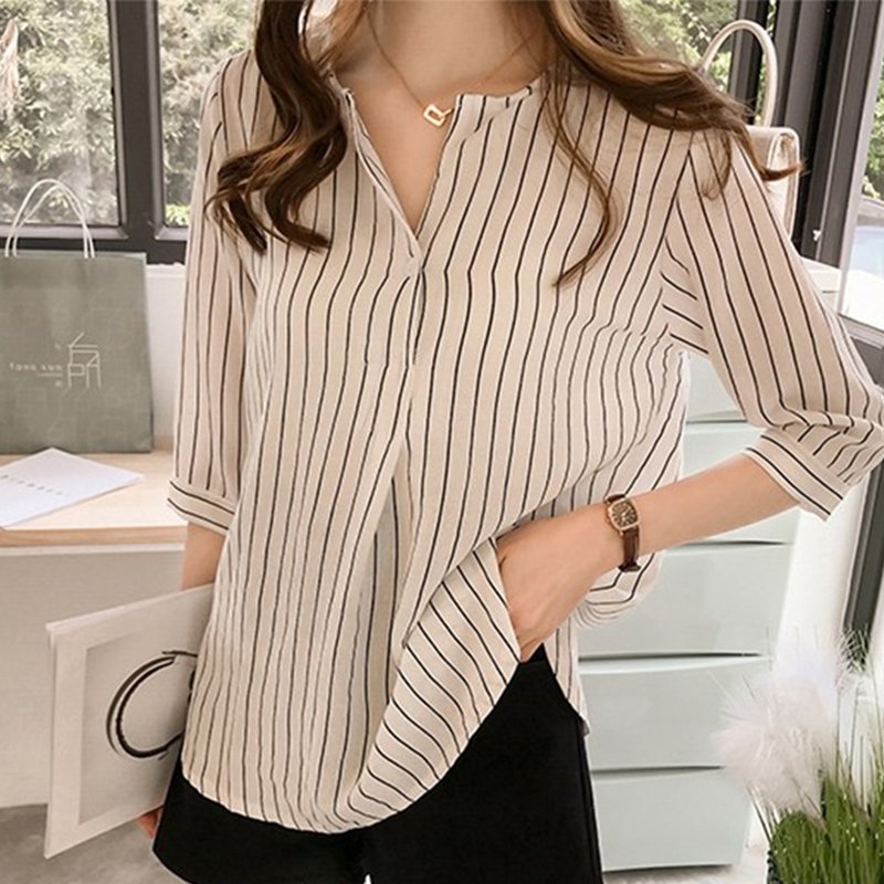 Casual 3/4 Sleeve Striped Blouse
