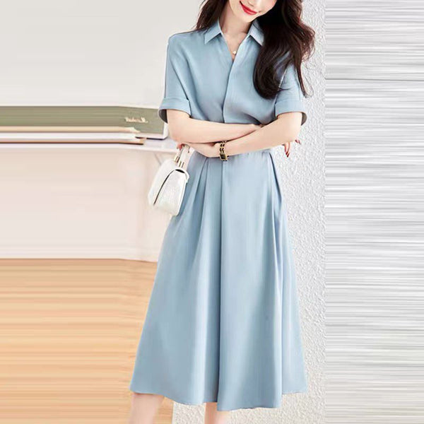Blue Silk-Satin Swing Short Sleeve Dresses